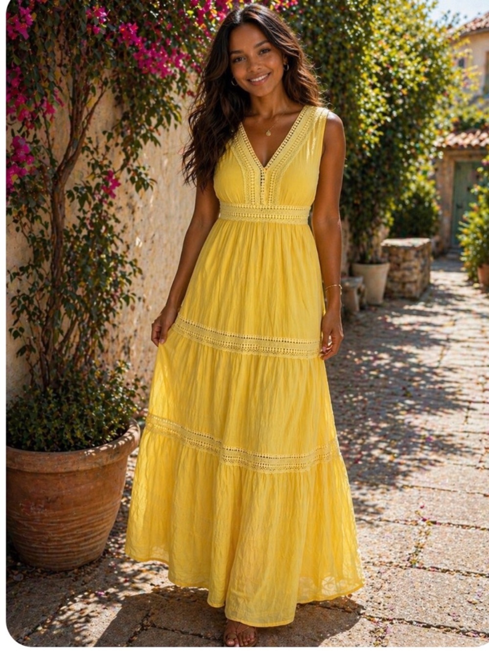 Celestial blue Sleeveless Yellow Crochet-Trim Maxi Dress X-Large